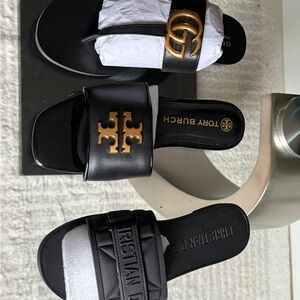Tory Burch Black and Gold Logo Sandals